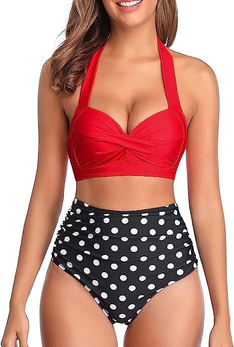 TYPE-02 Women Two Piece Vintage Swimsuit Retro Halter Ruched High Waist Bikini with Bottom