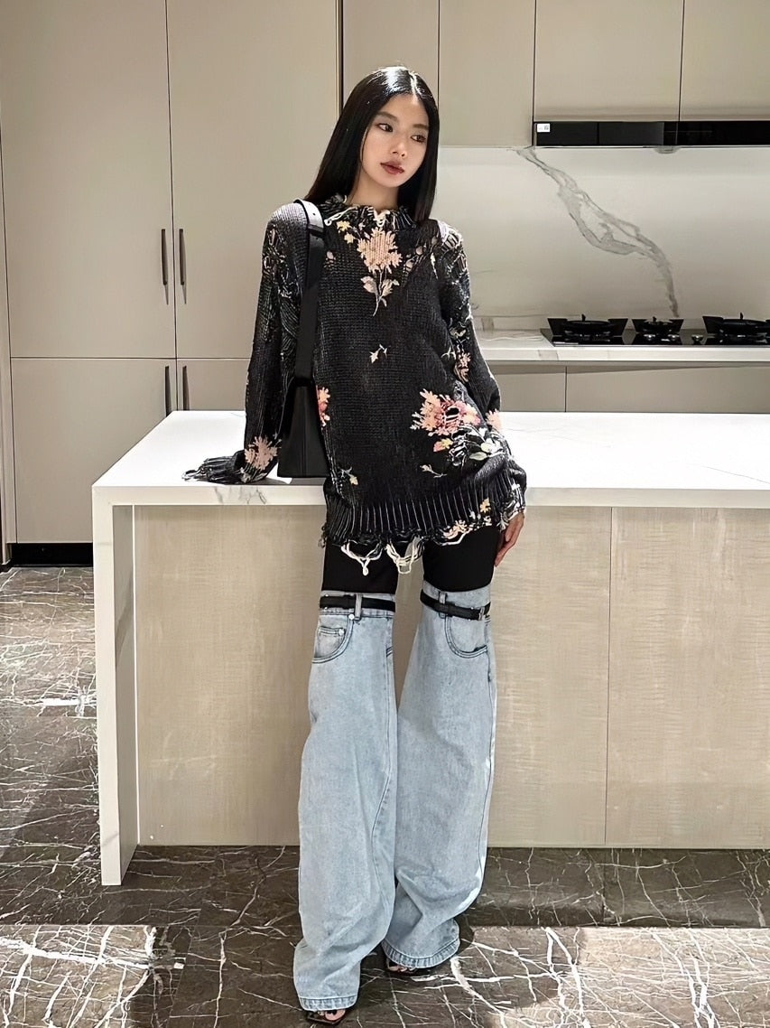 Luxury Haute Couture Thigh Jeans with Elastic Waist