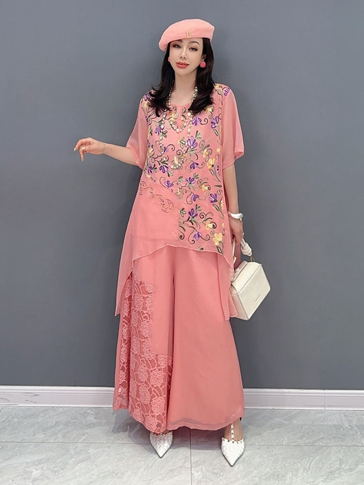 Green or Pink Floral Chiffon Loose Top & Wide Leg Pants 2-Piece Set