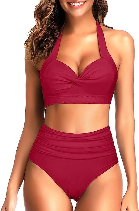 TYPE-02 Women Two Piece Vintage Swimsuit Retro Halter Ruched High Waist Bikini with Bottom
