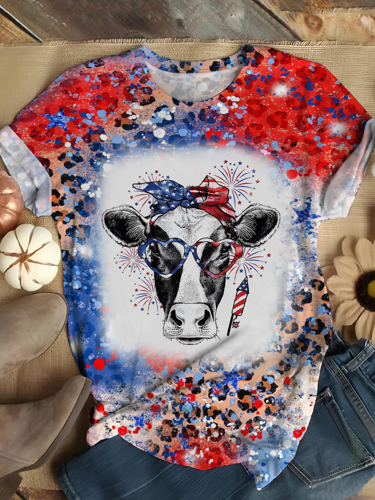 American Flag Leopard Cow Crew Neck T-shirt