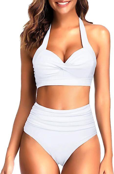 TYPE-02 Women Two Piece Vintage Swimsuit Retro Halter Ruched High Waist Bikini with Bottom