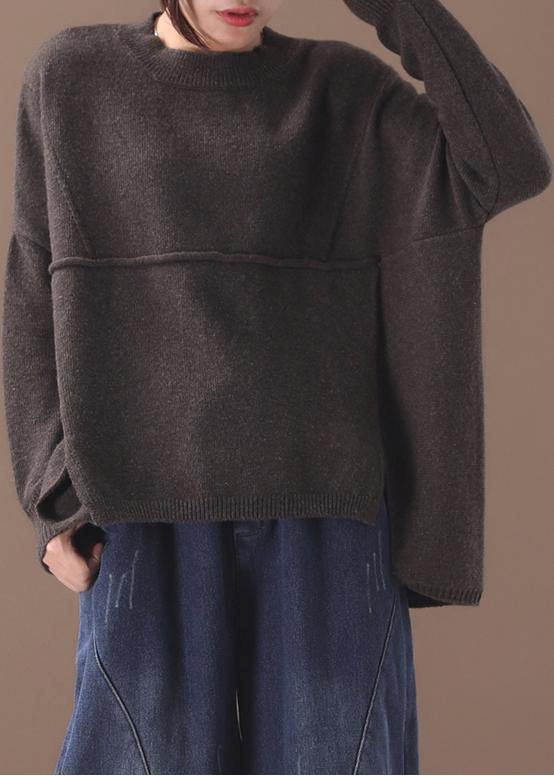 Vintage chocolate knitted top trendy plus size patchwork sweaters asymmetric hem