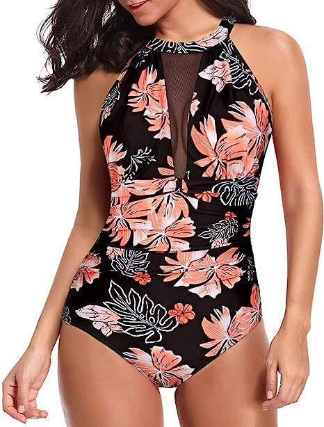 TYPE-02 Women One Piece Swimsuit High Neck Plunge Mesh Ruched Monokini Swimwear