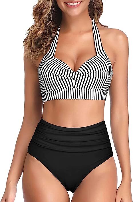 TYPE-04 Women Two Piece Vintage Swimsuit Retro Halter Ruched High Waist Bikini with Bottom
