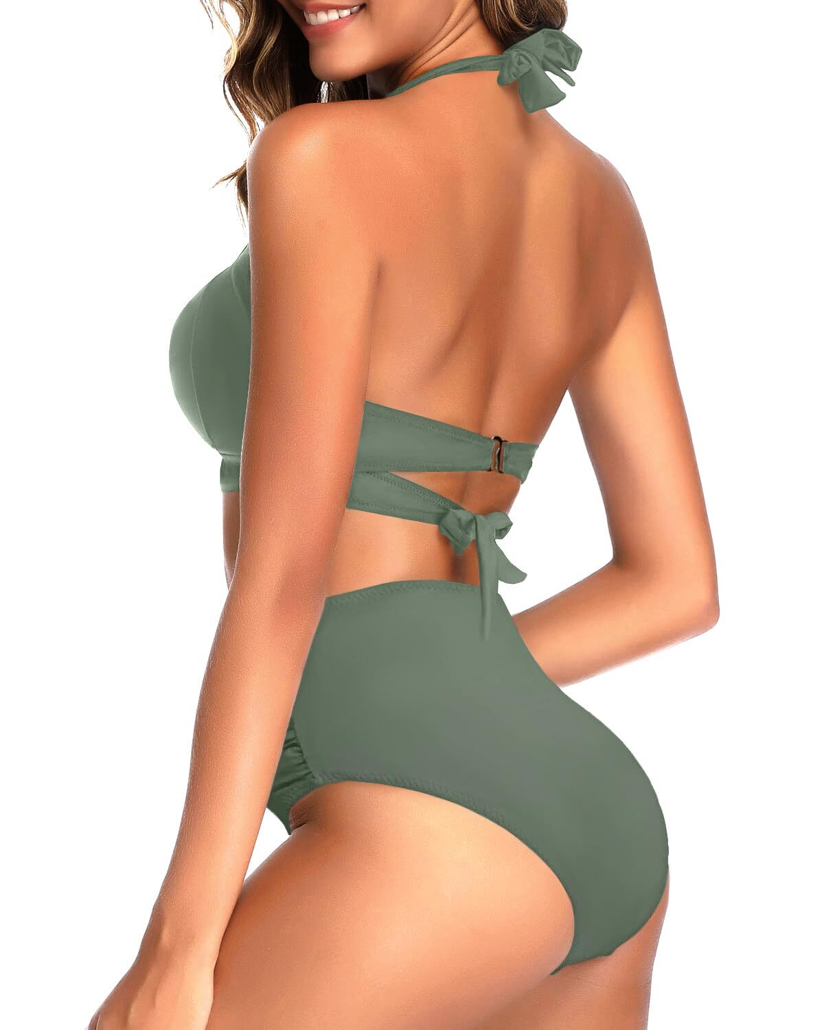 TYPE-01 Women Two Piece Vintage Swimsuit Retro Halter Ruched High Waist Bikini with Bottom