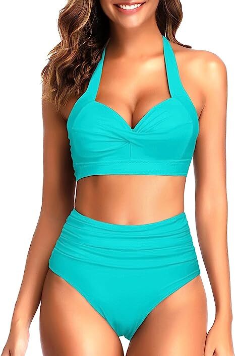 TYPE-04 Women Two Piece Vintage Swimsuit Retro Halter Ruched High Waist Bikini with Bottom