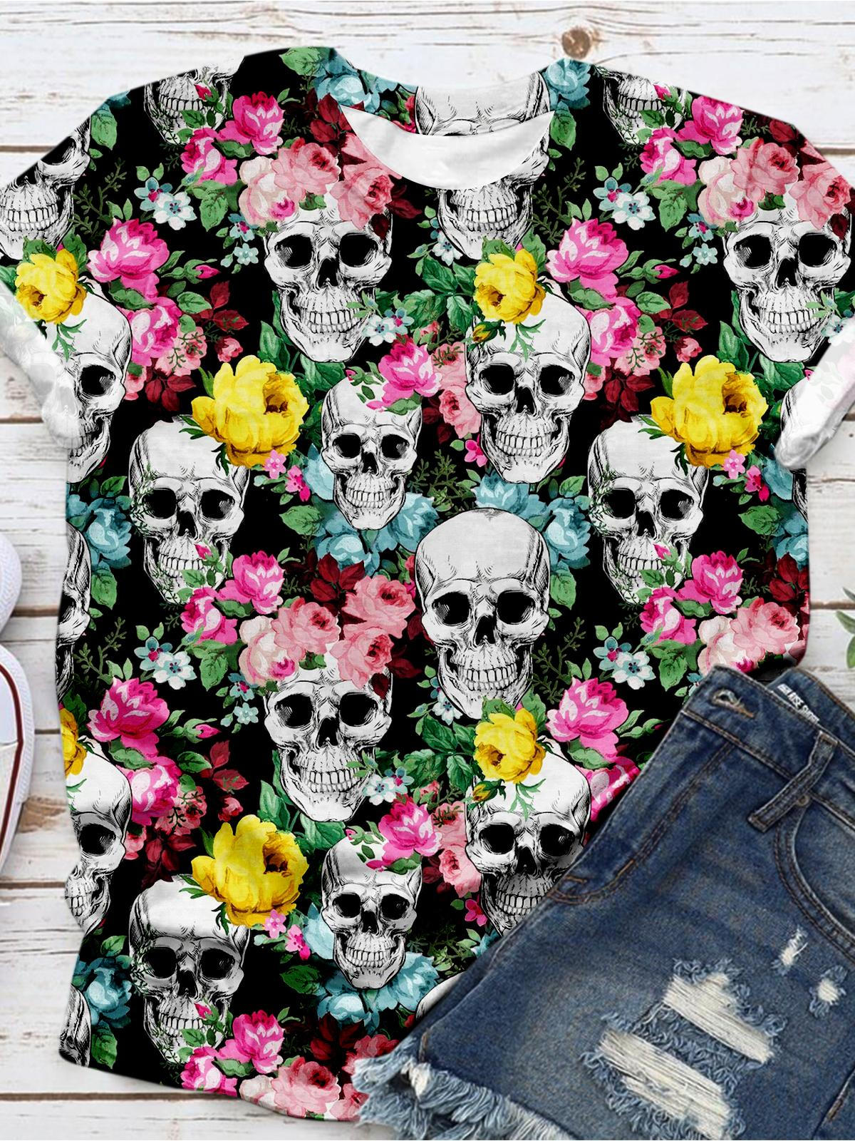 Skull Blooming Flower Print T-shirt