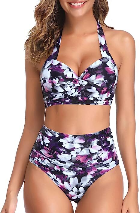 TYPE-04 Women Two Piece Vintage Swimsuit Retro Halter Ruched High Waist Bikini with Bottom