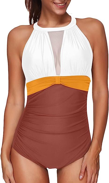 TYPE-03 Women One Piece Swimsuit High Neck Plunge Mesh Ruched Monokini Swimwear