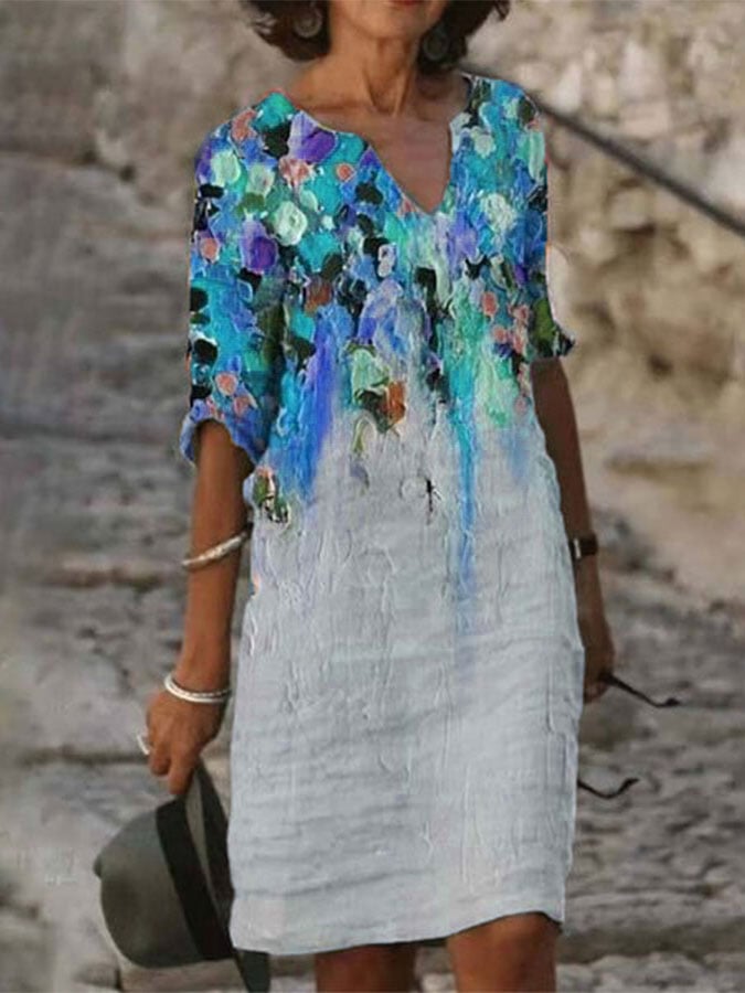 Women's Cotton Linen Oil Painting Print V-Neck Shift Dress