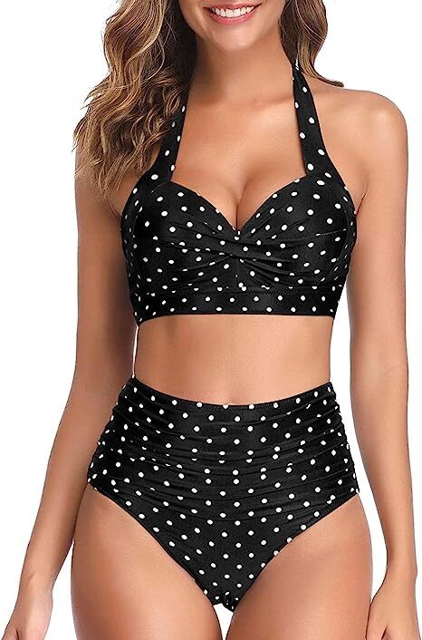 TYPE-01 Women Two Piece Vintage Swimsuit Retro Halter Ruched High Waist Bikini with Bottom