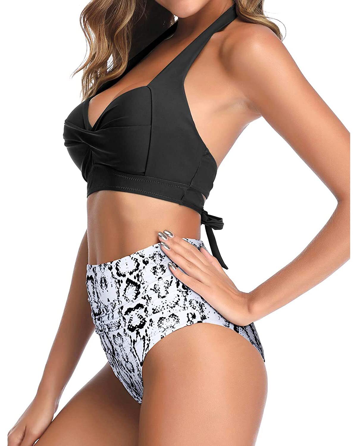 TYPE-04 Women Two Piece Vintage Swimsuit Retro Halter Ruched High Waist Bikini with Bottom