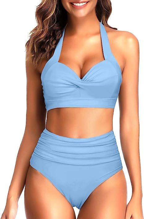 TYPE-01 Women Two Piece Vintage Swimsuit Retro Halter Ruched High Waist Bikini with Bottom
