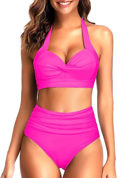 TYPE-01 Women Two Piece Vintage Swimsuit Retro Halter Ruched High Waist Bikini with Bottom