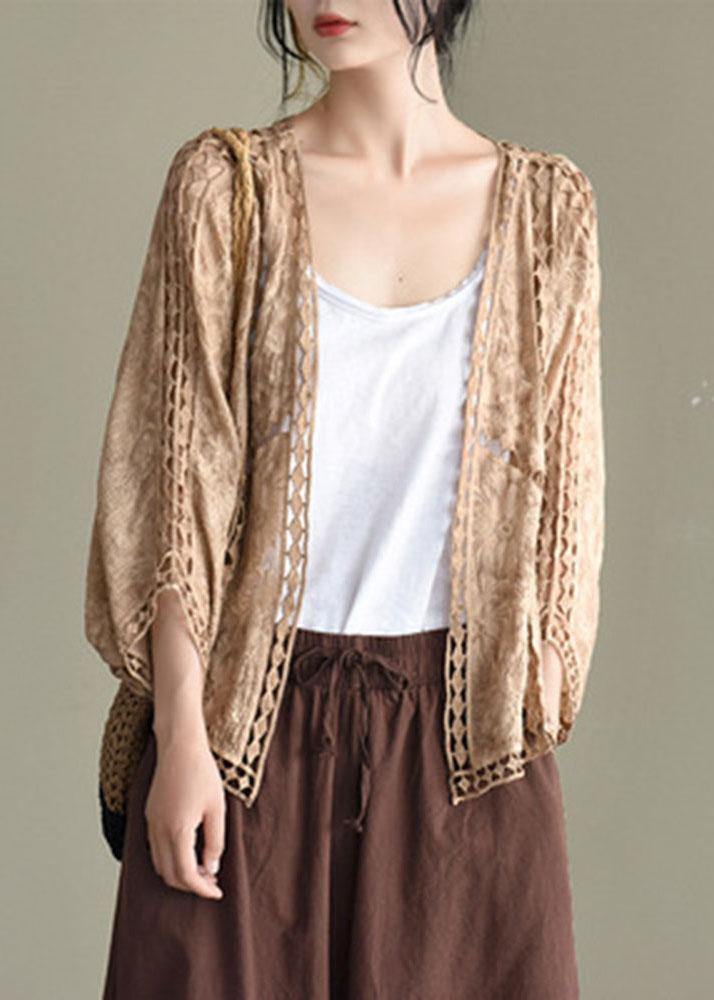 Modern Khaki Jacquard Hollow Out Cotton Short Cardigans