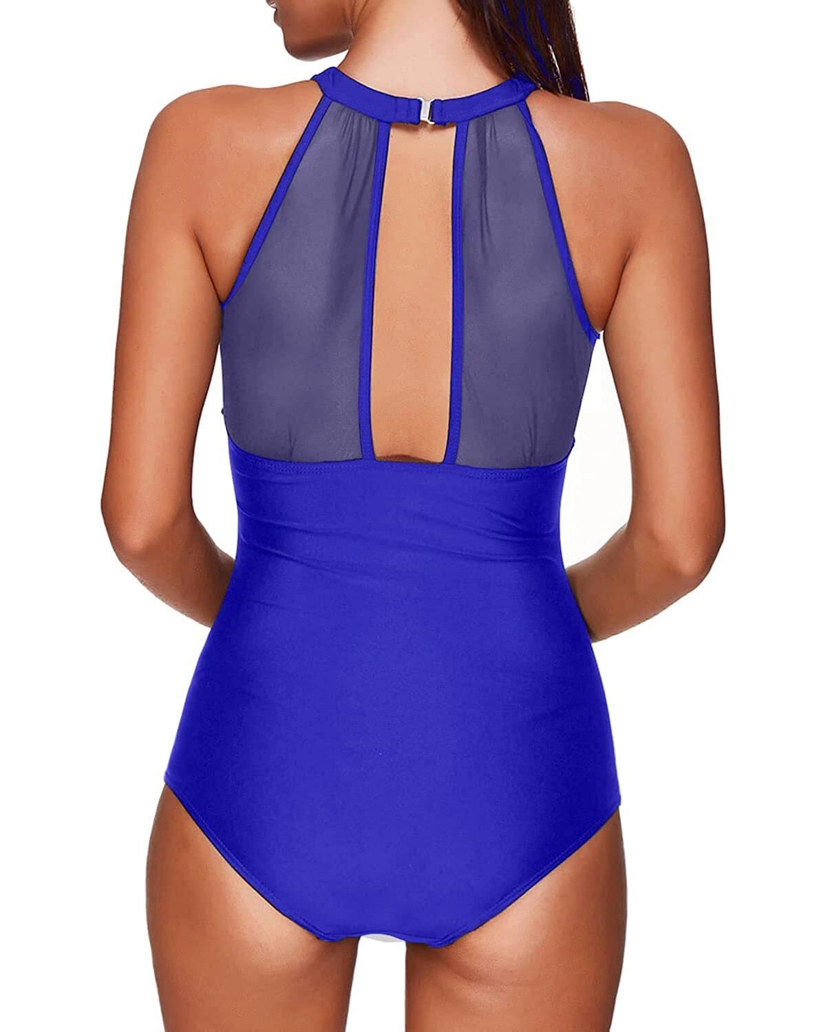 TYPE-02 Women One Piece Swimsuit High Neck Plunge Mesh Ruched Monokini Swimwear