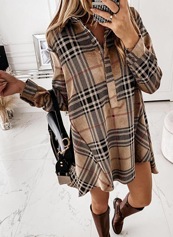 Plaid Long Sleeves Shift Above Knee Casual Shirt Dresses