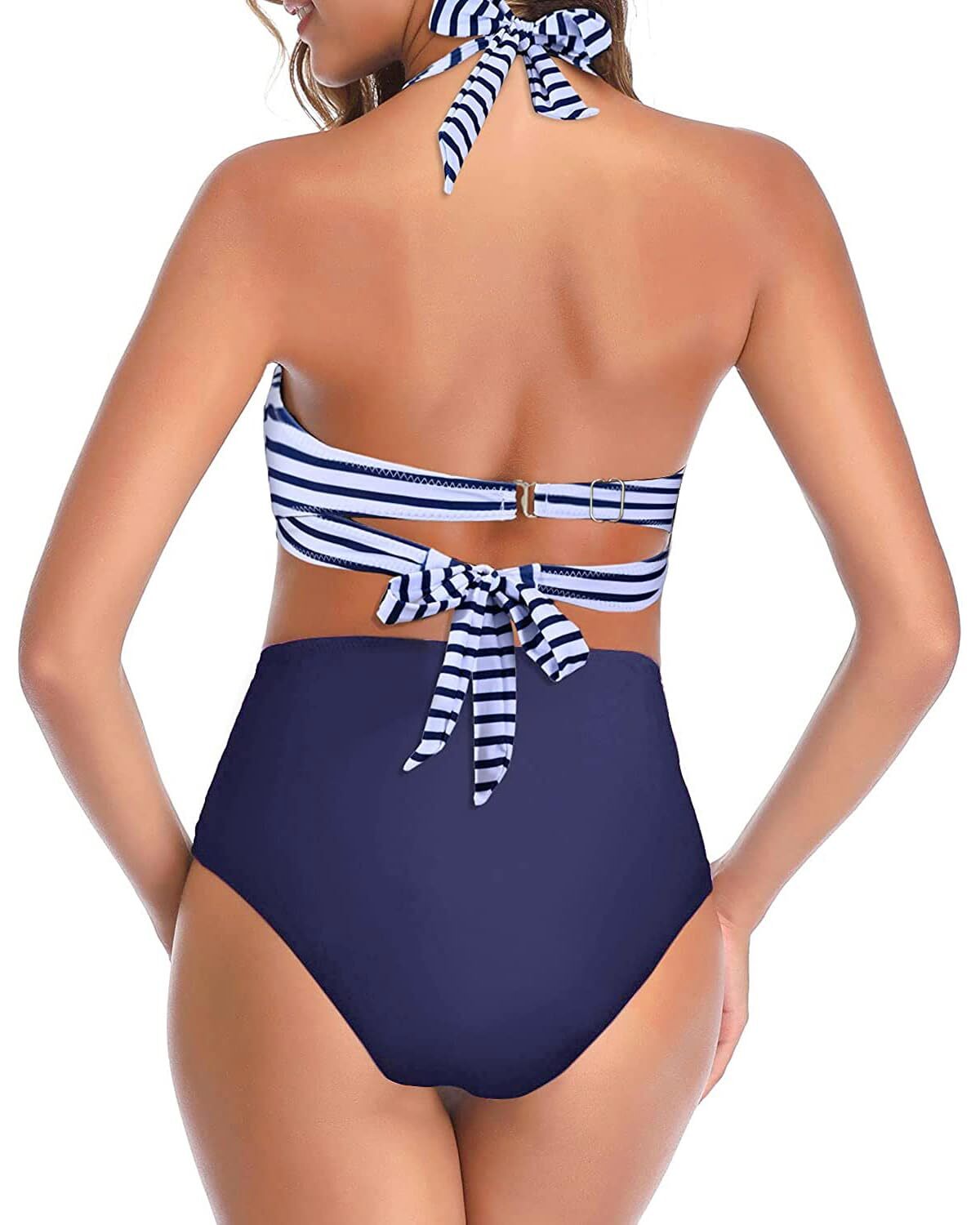 TYPE-02 Women Two Piece Vintage Swimsuit Retro Halter Ruched High Waist Bikini with Bottom