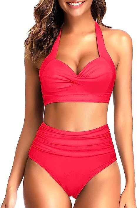 TYPE-03 Women Two Piece Vintage Swimsuit Retro Halter Ruched High Waist Bikini with Bottom