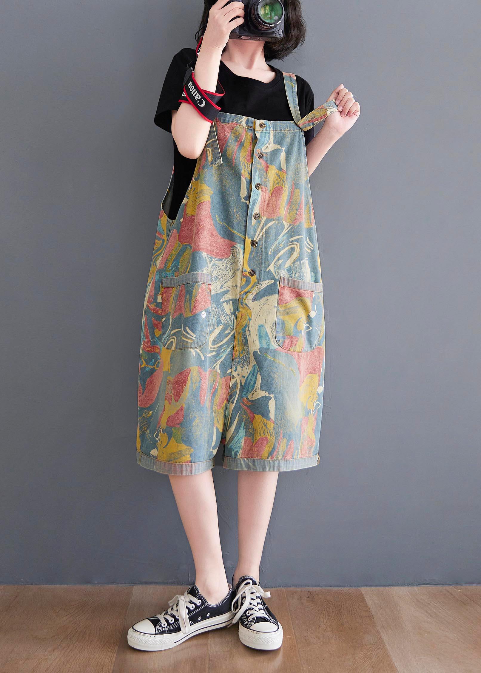 Comfy Light Blue Print Pockets Jumpsuit Shorts Summer