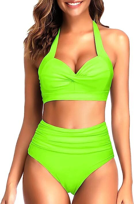TYPE-03 Women Two Piece Vintage Swimsuit Retro Halter Ruched High Waist Bikini with Bottom