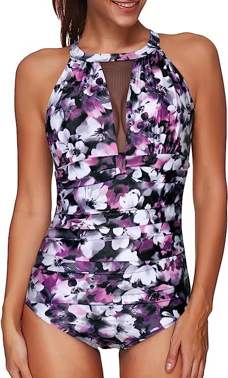 TYPE-03 Women One Piece Swimsuit High Neck Plunge Mesh Ruched Monokini Swimwear