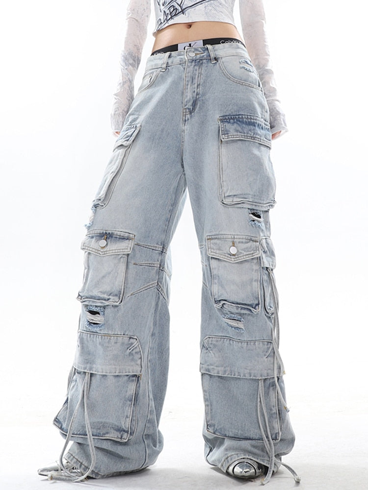 Classic Vintage Washed Denim Cargo Pants with Multi-Pockets
