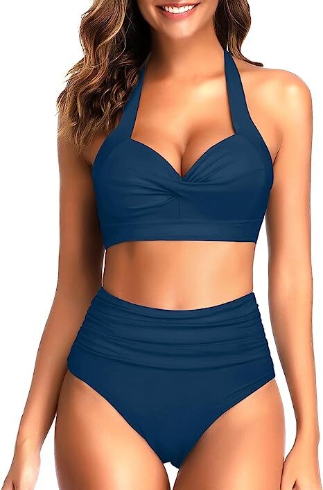 TYPE-01 Women Two Piece Vintage Swimsuit Retro Halter Ruched High Waist Bikini with Bottom