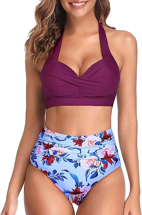 TYPE-04 Women Two Piece Vintage Swimsuit Retro Halter Ruched High Waist Bikini with Bottom