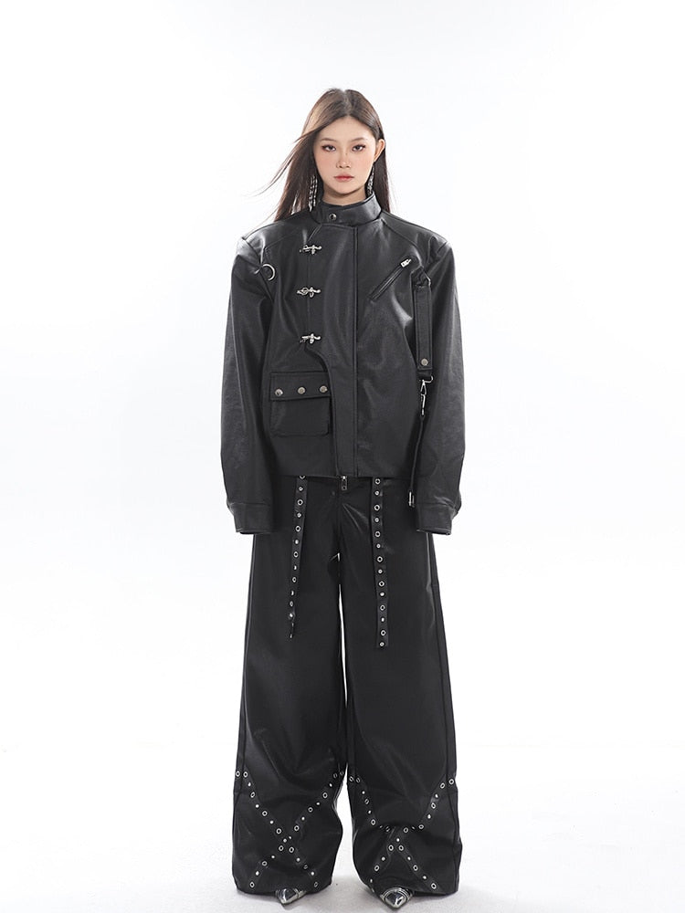 High-Fashion Metal-Accented Wide Leg Leather Pants