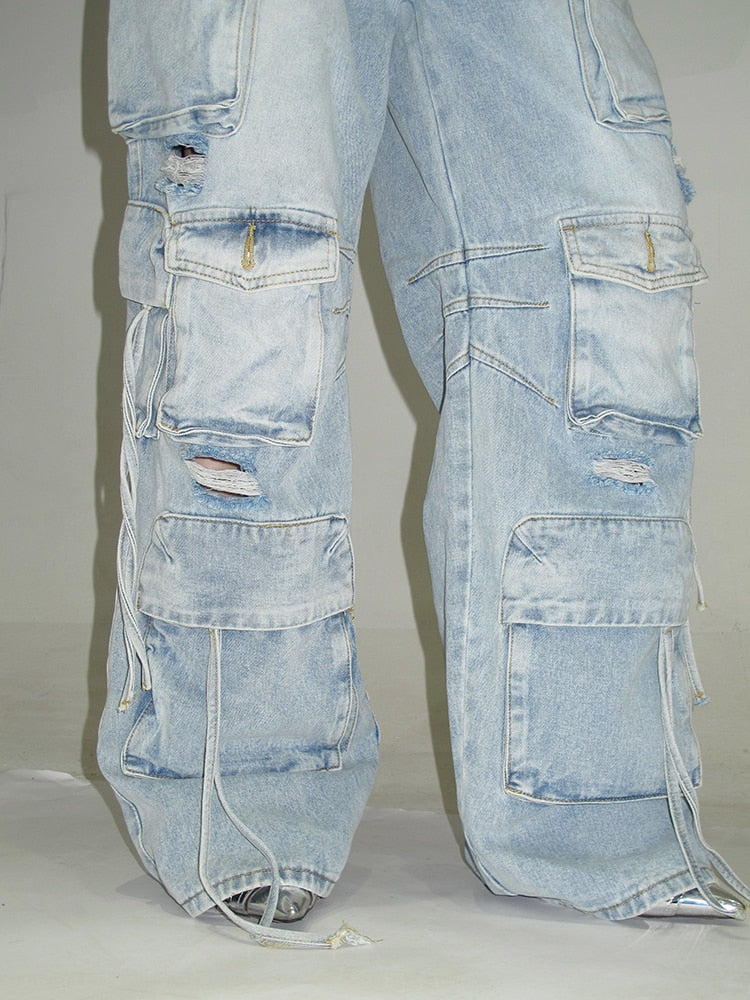 Classic Vintage Washed Denim Cargo Pants with Multi-Pockets