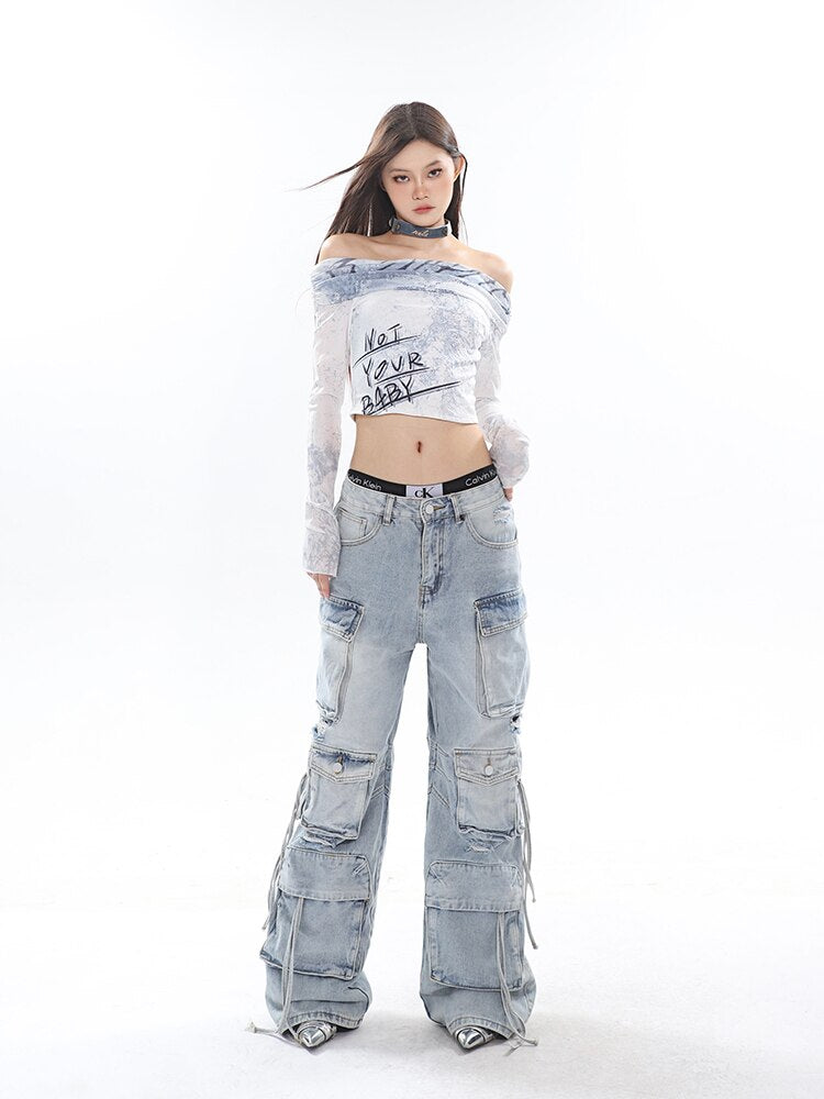 Classic Vintage Washed Denim Cargo Pants with Multi-Pockets