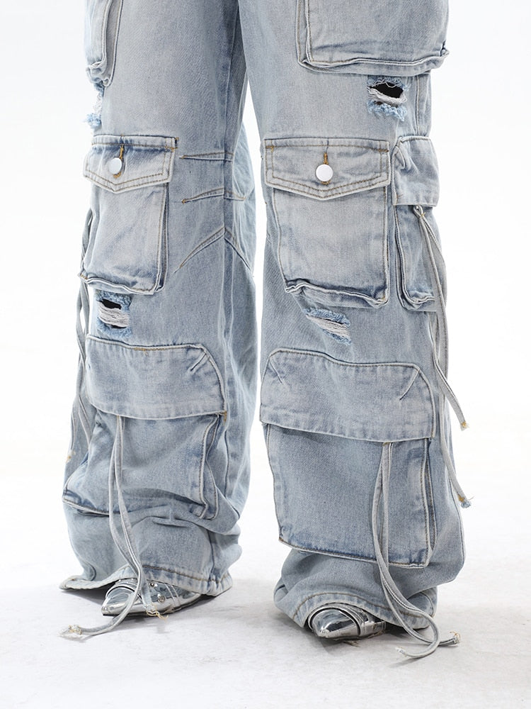 Classic Vintage Washed Denim Cargo Pants with Multi-Pockets