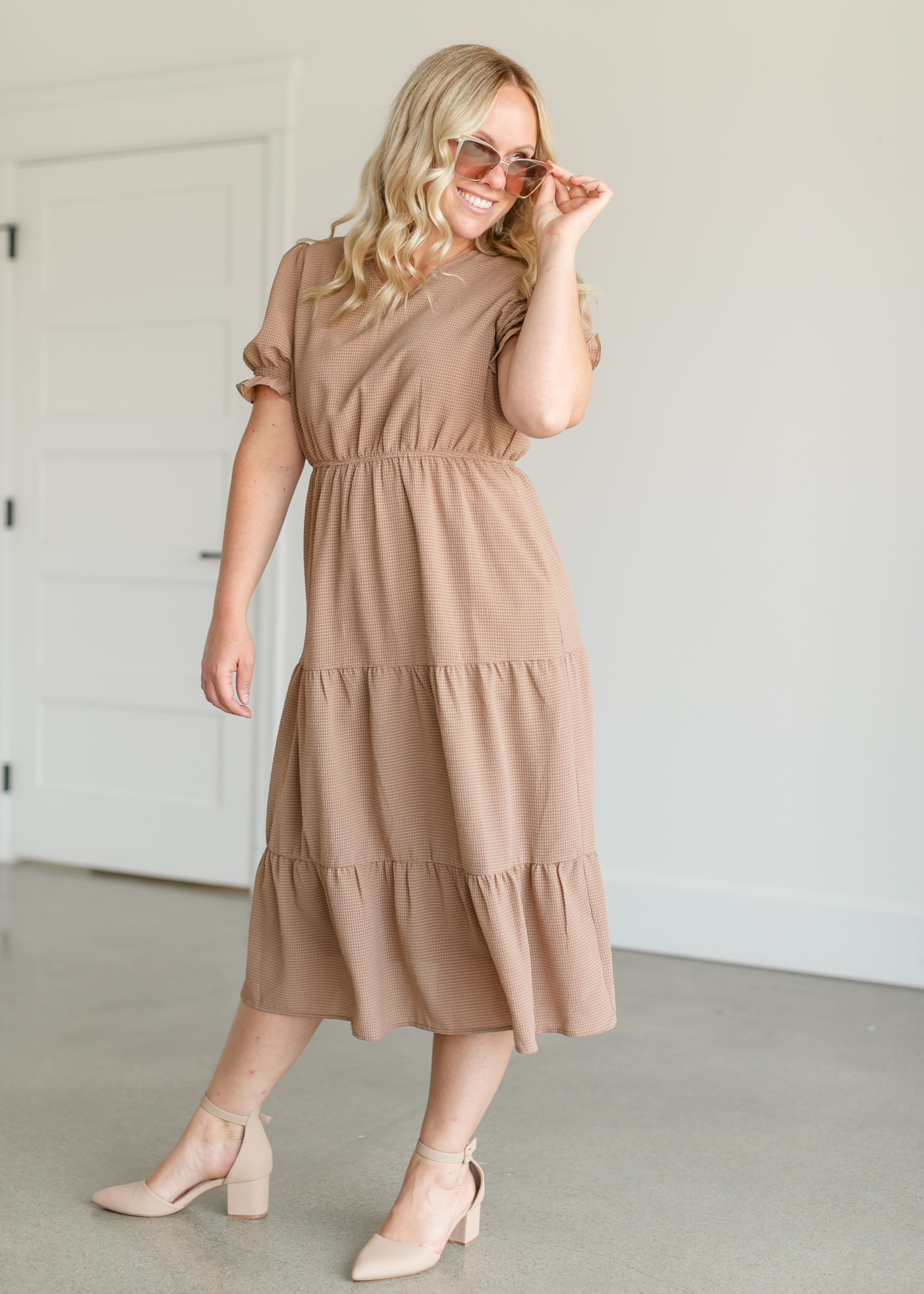 Gingham Tiered V-neck Midi Dress