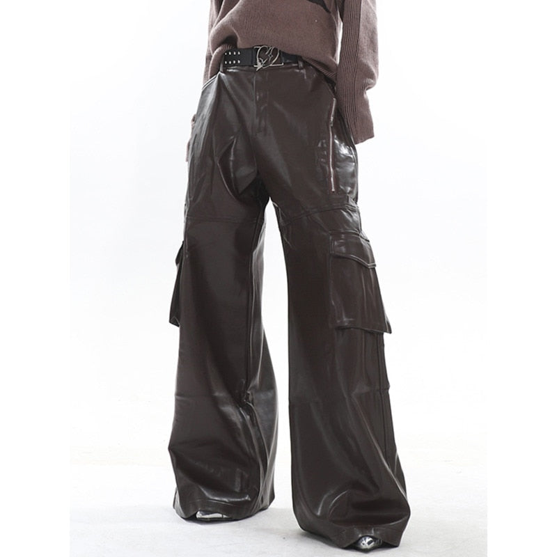 High Streetwear PU Leather Wide Leg Cargo Pants