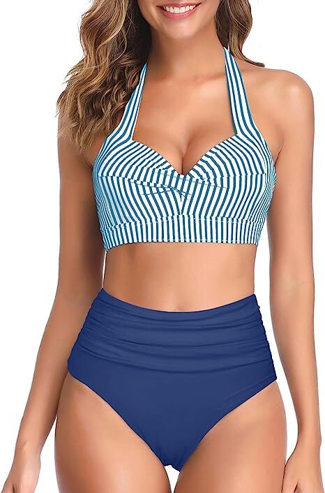 TYPE-04 Women Two Piece Vintage Swimsuit Retro Halter Ruched High Waist Bikini with Bottom