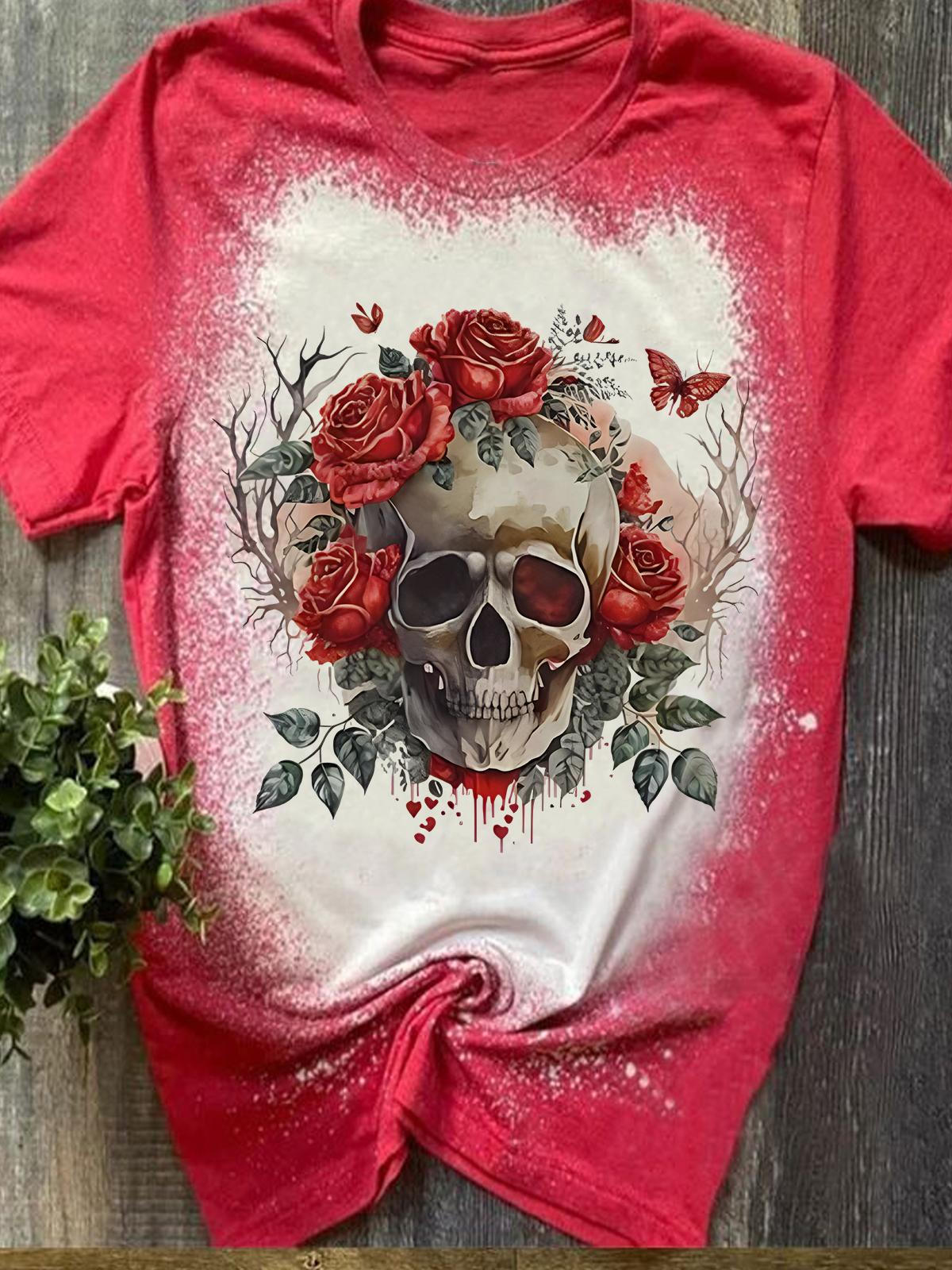 Rose Flower Skull Print Tie Dye T-shirt