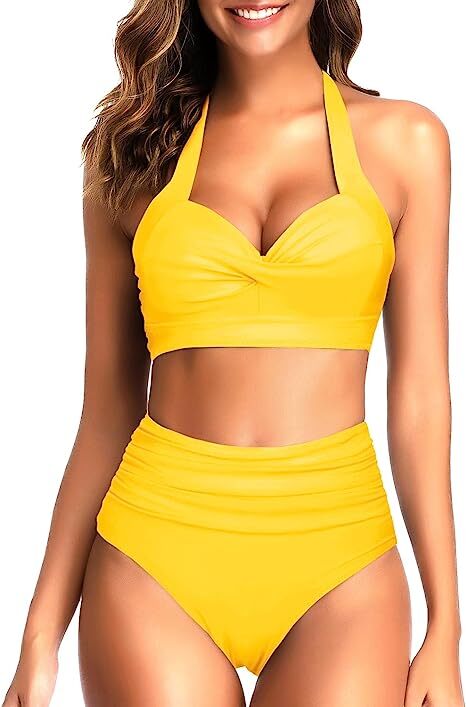 TYPE-03 Women Two Piece Vintage Swimsuit Retro Halter Ruched High Waist Bikini with Bottom