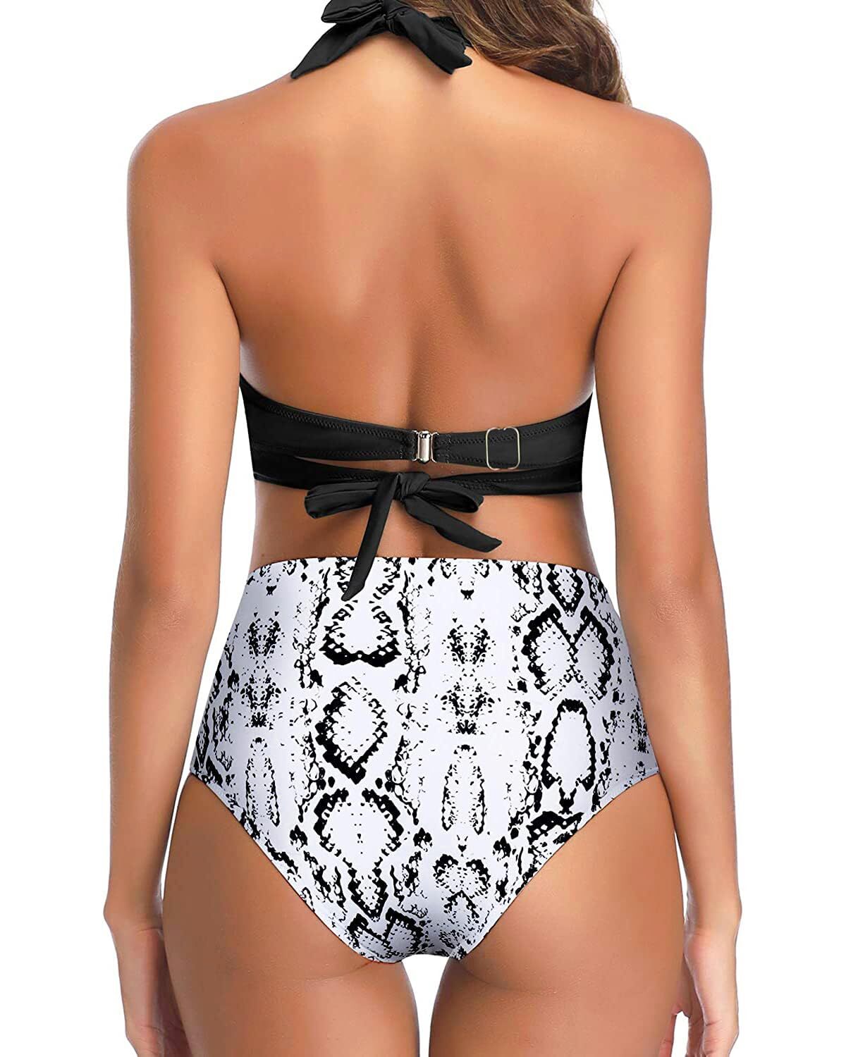 TYPE-04 Women Two Piece Vintage Swimsuit Retro Halter Ruched High Waist Bikini with Bottom