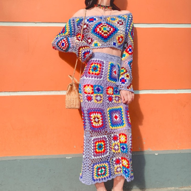 Handmade See Through Knit Crop Top & Midi Skirt 2-Piece Set