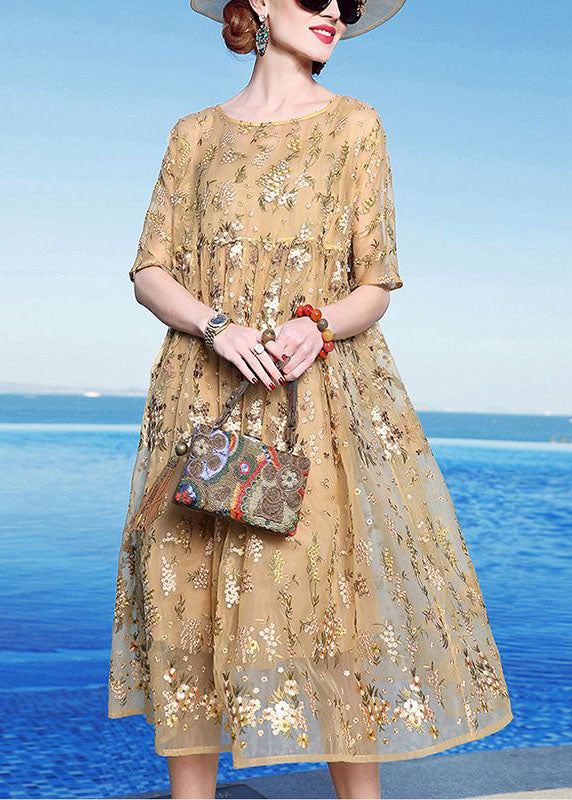 Unique Yellow Embroideried Patchwork Tulle Maxi Dress Summer