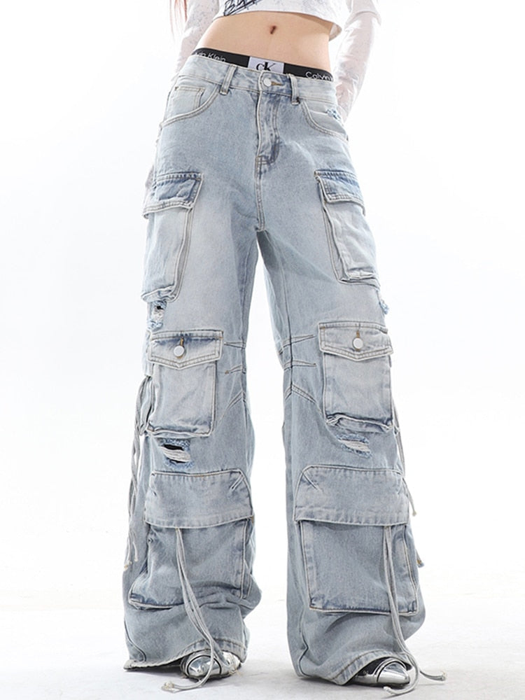 Classic Vintage Washed Denim Cargo Pants with Multi-Pockets