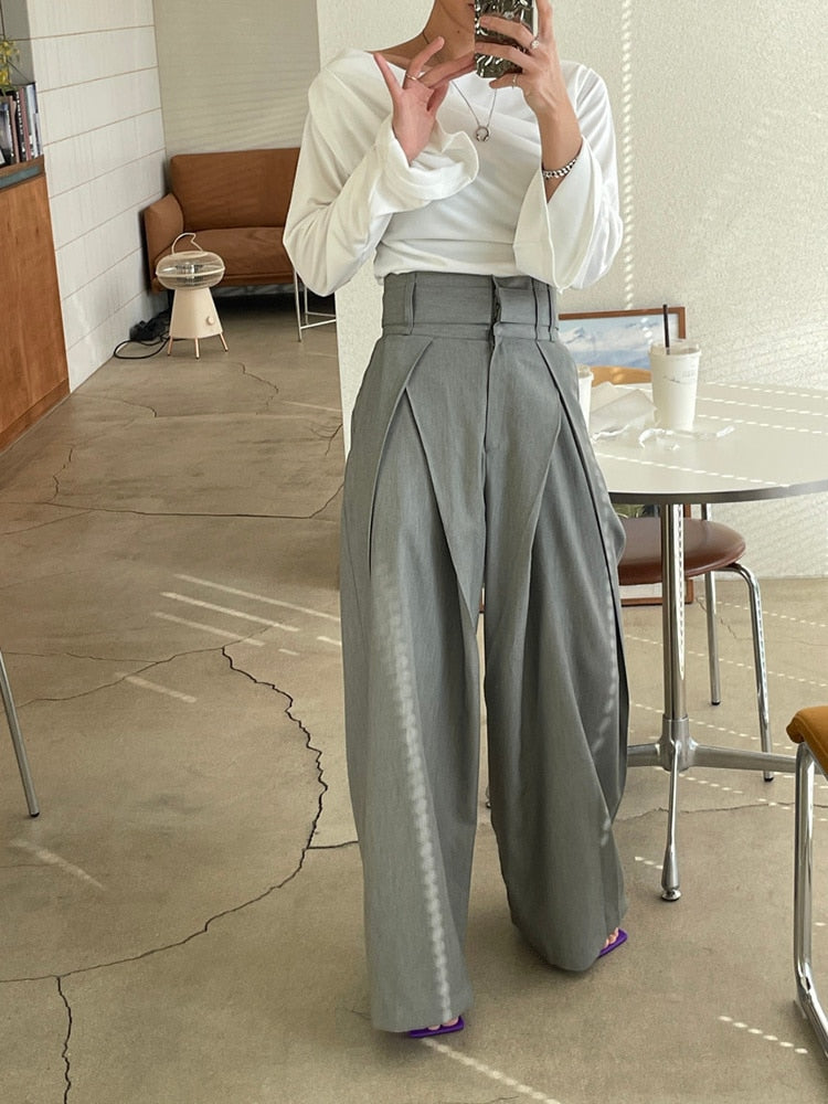 Daily Elegant Pleats Women's High Waist Wide Leg Trousers