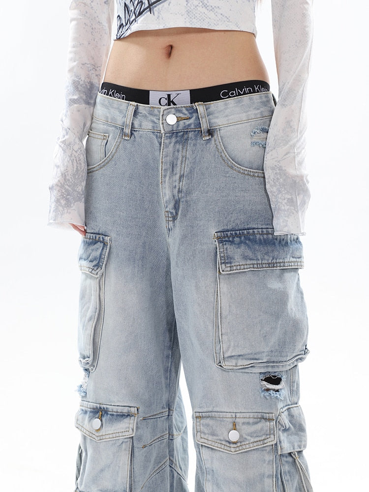 Classic Vintage Washed Denim Cargo Pants with Multi-Pockets