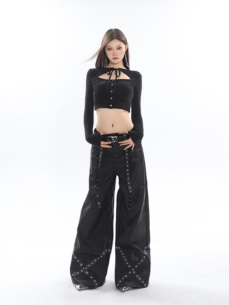 High-Fashion Metal-Accented Wide Leg Leather Pants