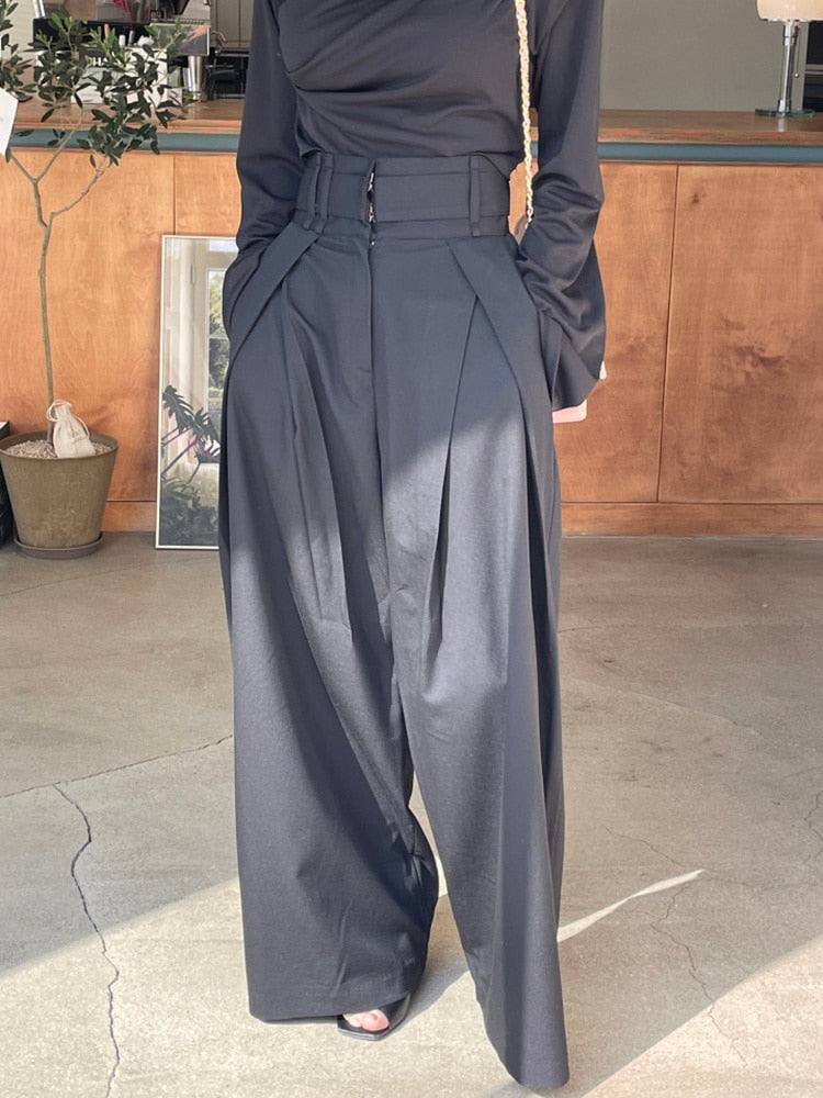 Daily Elegant Pleats Women's High Waist Wide Leg Trousers