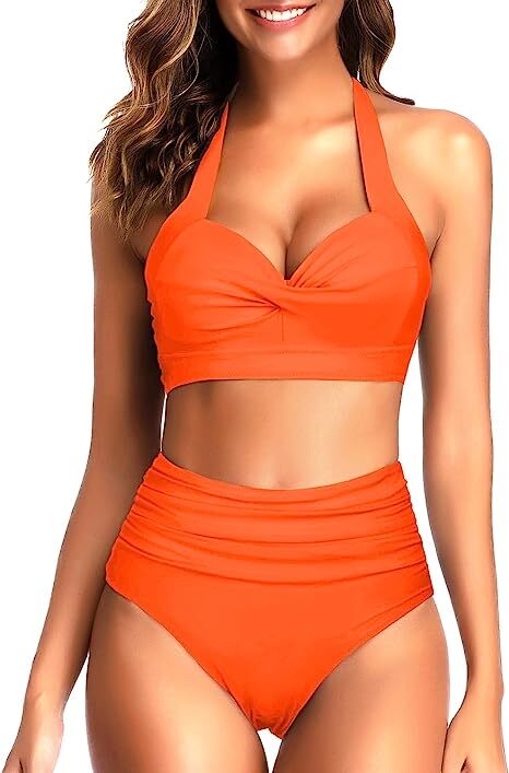 TYPE-03 Women Two Piece Vintage Swimsuit Retro Halter Ruched High Waist Bikini with Bottom