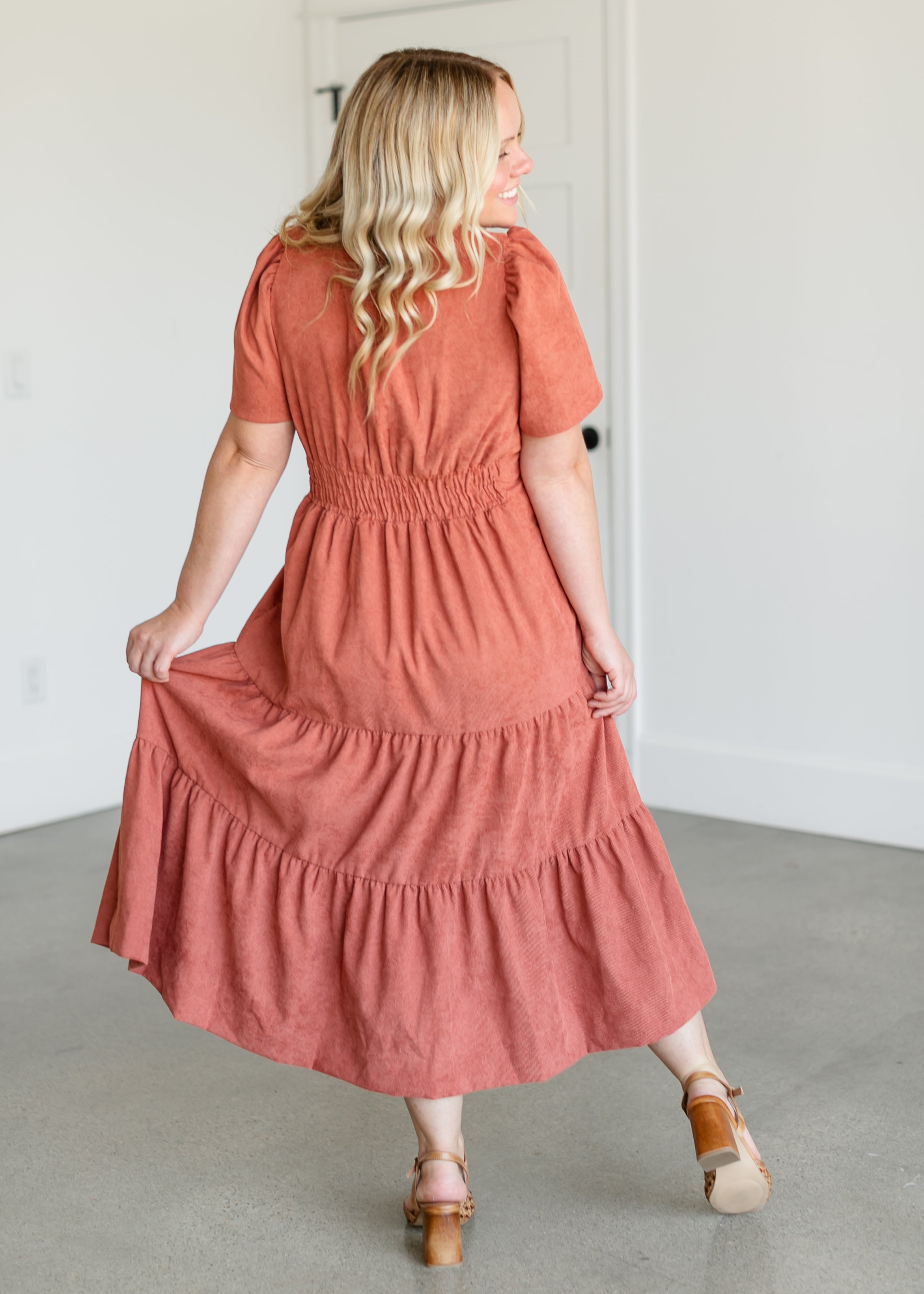 Corduroy Short Sleeve Tiered Midi Dress