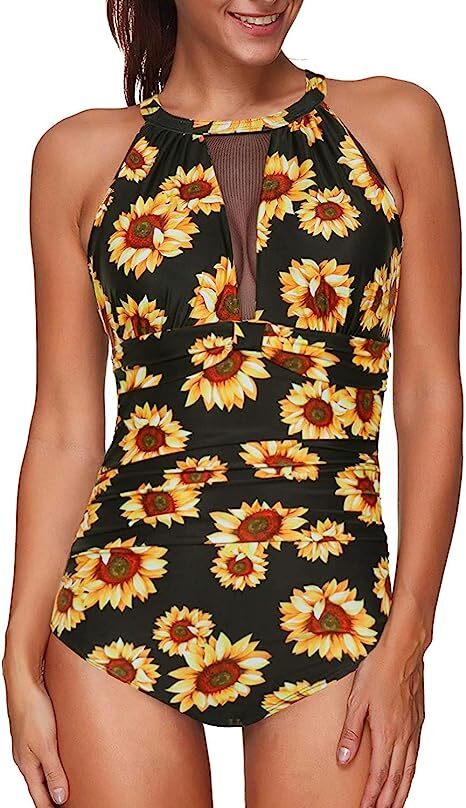 TYPE-03 Women One Piece Swimsuit High Neck Plunge Mesh Ruched Monokini Swimwear